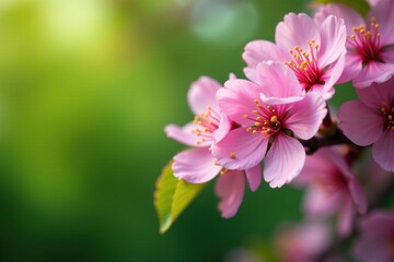 Delicate cherry blossom branch, vibrant pink flowers against lush green foliage , tree, botanical, green leaves