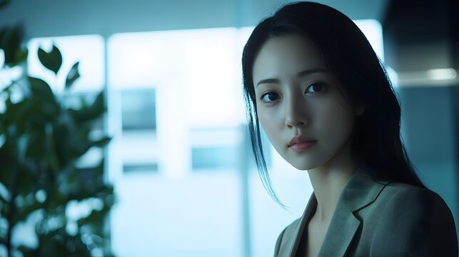 Businesswoman in office lobby, soft light, modern backdrop, conveying professionalism and focus