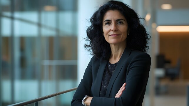 Businesswoman in office lobby, soft light, modern backdrop, conveying professionalism and focus