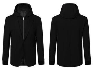 Portrait of men's suit jacket ( blazer ) isolated in white background, invisible ghost mannequin. Fashion industry high-quality studio shot photography. Front and back view.