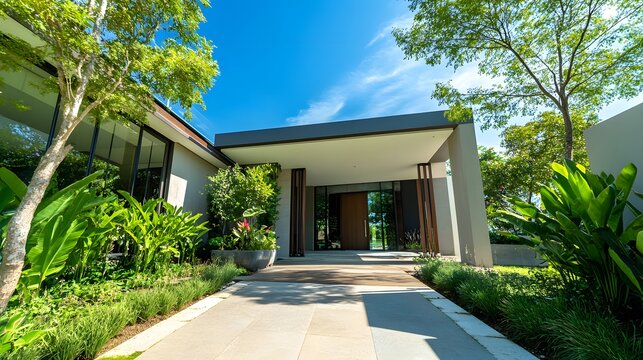 Luxury house entrance under a clear blue sky, showcasing elegance and tranquility in a serene outdoor setting