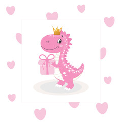 Character, cute dinosaur, dino, baby girl pink with golden crown, holding a gift in her paws, on a background of hearts, isolated vector illustration