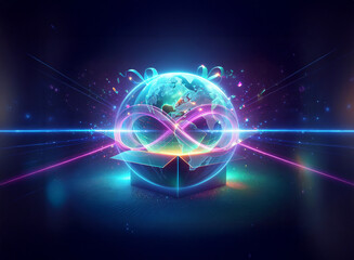 Obraz premium A luminous globe with continents encased in a box emits vibrant neon light and infinity symbols against a dark backdrop with streaks.