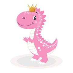 Character, cute dinosaur, dino, baby girl in pink color with golden crown, isolated vector illustration