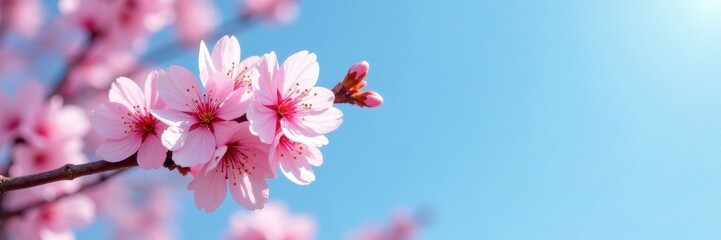 Fototapeta premium Delicate pink sakura blossoms on branch against blue sky, aesthetic, petal