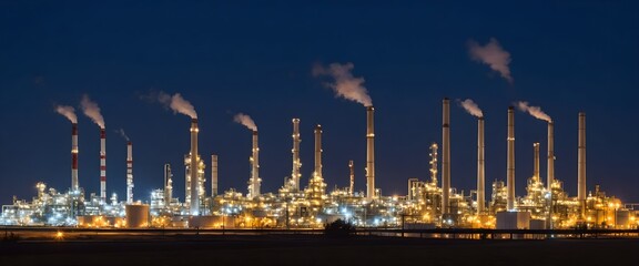 Oil refinery plant at night, panoramic long exposure photo of industrial factory