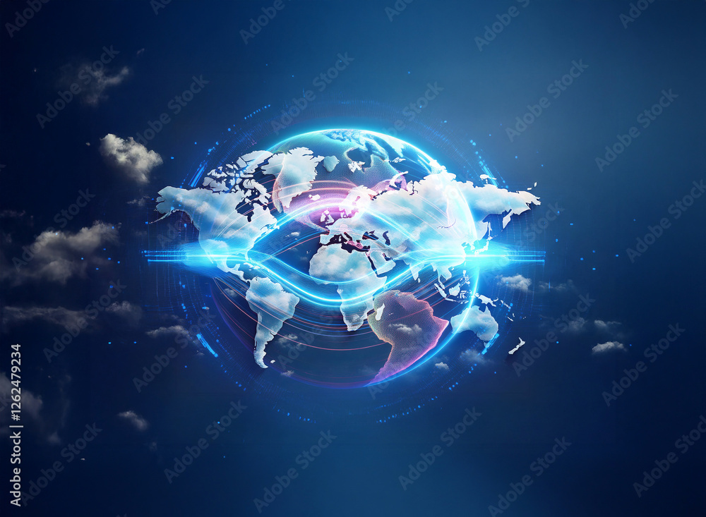 Poster glowing world globe in a blue sky with soft clouds and a bright light effect. digital representation