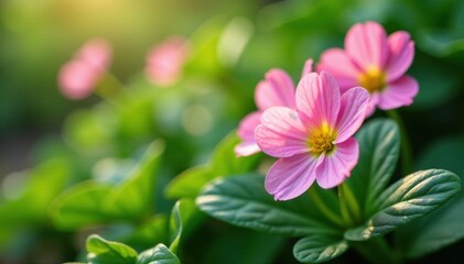 Obraz premium Delicate primrose blossoms nestled amongst vibrant green foliage , image, garden, plant