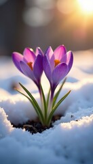 Fototapeta premium Delicate purple crocus emerging from melting snow, bathed in soft morning light , image, spring