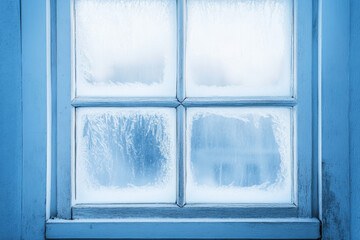 Frosted window with an icy appearance, capturing the cold essence of winter in a soft blue tone.