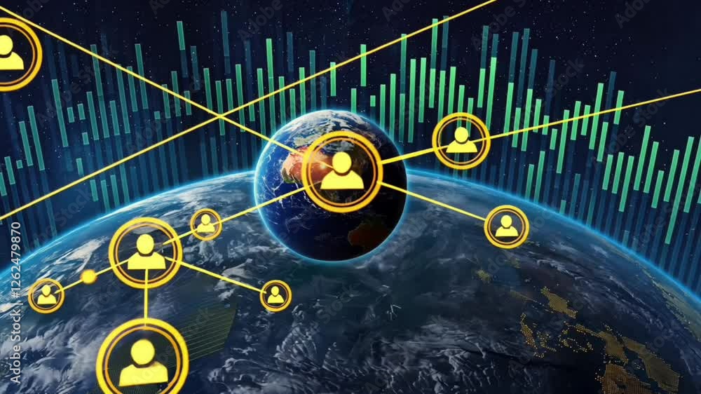 Poster global social network around the world. 3d seamless animation of hologram earth rotating in space. c
