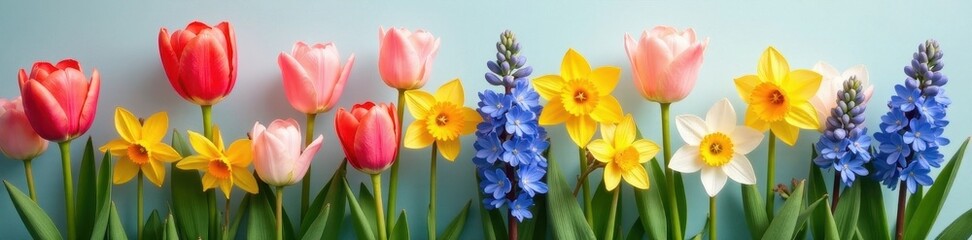 Naklejka premium Delicate tulips, daffodils, and hyacinths in vibrant spring colors , nature, colorful