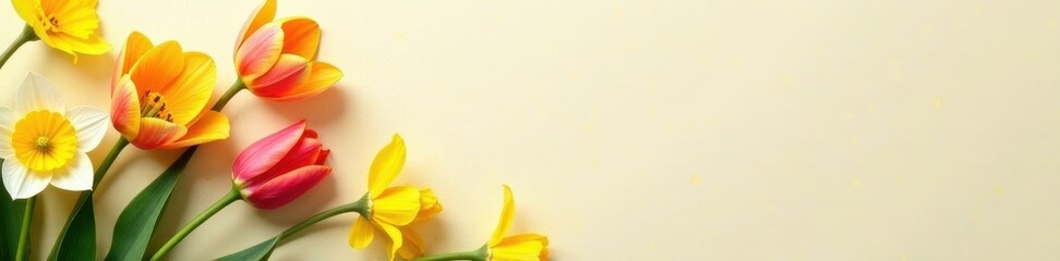 Delicate tulips & daffodils bloom on textured cream paper , celebration, invitation, soft