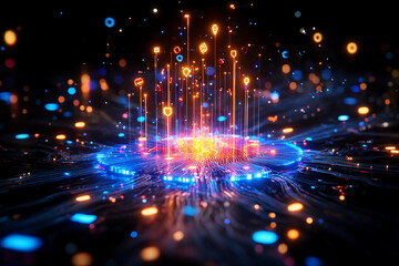 Obraz premium Techno-Genesis: Futuristic Digital Landscape with Glowing Roots and Data Tendrils Representing the Birth of a New Technological Era and Innovative Concepts