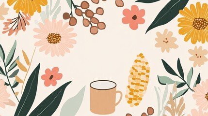 Coffee, Corn, and Flower Seamless Pattern Flat Vector