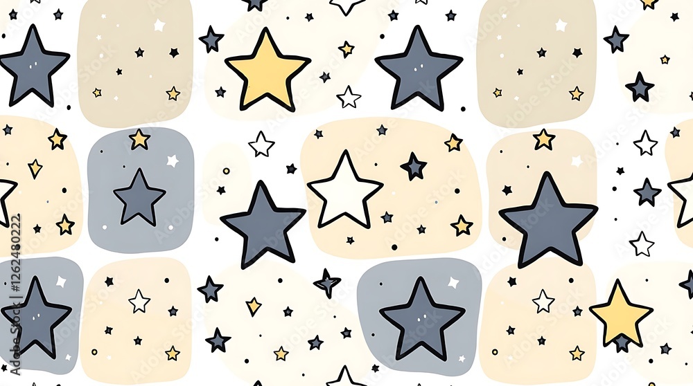 Poster cosmic canvas: a whimsical and artistic design of stars and soft shapes on a patterned background