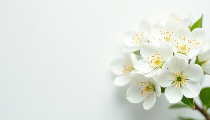 Fototapeta premium Delicate white blossoms & leaves on pure white backdrop, wedding, high key, photography