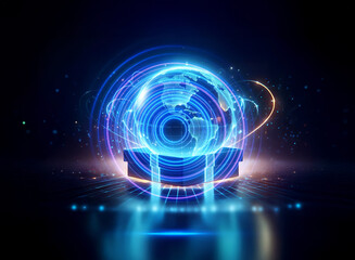 Obraz premium Glowing blue sphere with circular lines and particles rests on a platform, reflecting on a dark surface. Futuristic, technological concept with digital vibes.