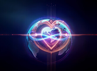 A digital globe is encircled by glowing lines, forming a heart shape in the center.  The design features vibrant blue, pink, and orange hues, creating a futuristic and technological feel.