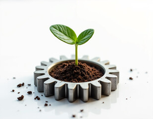 small green plant grows from soil inside metal gear, symbolizing innovation and growth