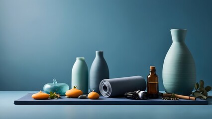 Stylish Display of Modern Decor Items With a Tranquil Blue Backdrop and Organic Elements