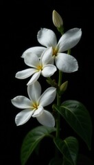 Fototapeta premium Delicate white jasmine blossoms against a stark black backdrop , illustration, aroma