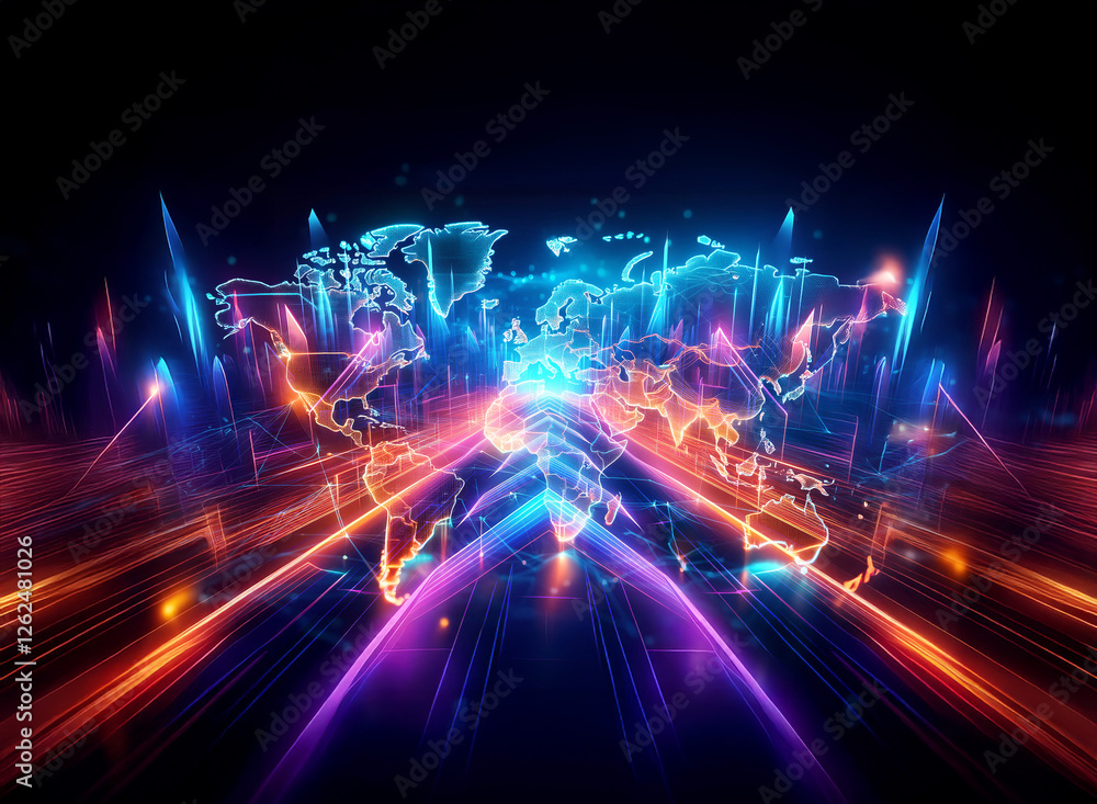 Poster abstract world map illuminated with glowing blue and orange lines on a dark backdrop. a futuristic d