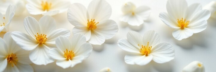 Delicate white petals, soft texture, scattered arrangement, illustration, fragile, summer