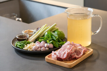 Raw Pork and herb ingredients, preparation for Cooking in Thai food menu.