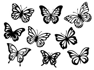 Set of different silhouettes of butterflies in a vector, for laser cutting 