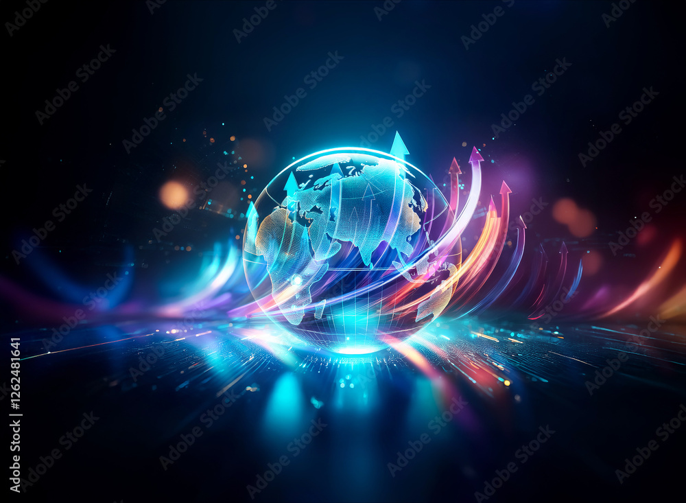 Aufkleber a luminous globe is encircled by vibrant, swirling lines and arrows, creating a sense of dynamic glo