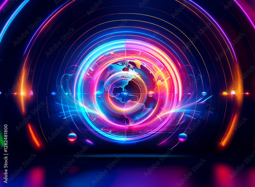 Poster vibrant globe encircled by glowing neon rings and colorful light streams, creating a futuristic and 
