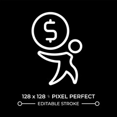Paying debt pixel perfect white linear icon for dark theme. Pay off, credit. Loan, mortgage. Financial management, economics. Thin line illustration. Isolated symbol for night mode. Editable stroke