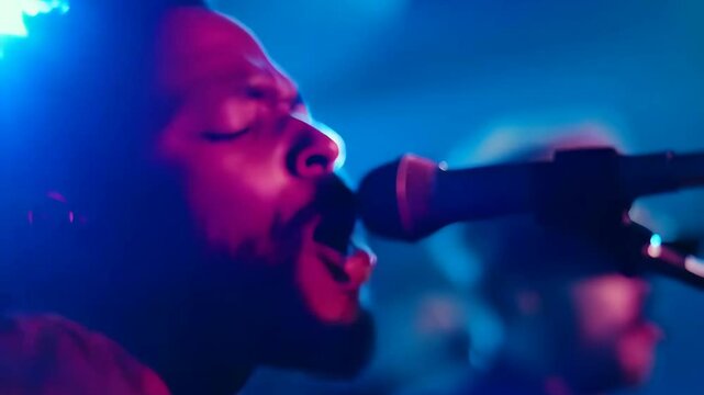 African american man singing into microphone on stage in blue lighting. Live music performance. Soul and r&b concert. Professional vocalist profile closeup