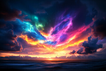 Fototapeta premium Surreal twilight sky with violet, emerald, and gold hues blending into abstract cloud patterns, creating a dynamic painting-like atmosphere at sunset