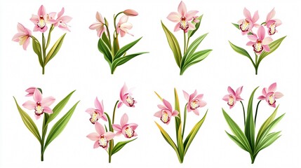 Collection of Pink Cymbidium Orchids Isolated on White Background