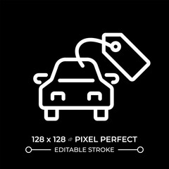 Buying car pixel perfect white linear icon for dark theme. Vehicle pricing tag. Automobile maintenance. Financial management. Thin line illustration. Isolated symbol for night mode. Editable stroke