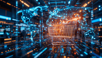 A modern digital marketplace with glowing data streams, global transactions happening in real-time, and a futuristic shopping cart concept visualizing seamless online purchases.