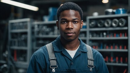 Confident 25-year-old Black mechanic in clean overalls stands in modern automotive workshop with slight smile amid organized tool racks