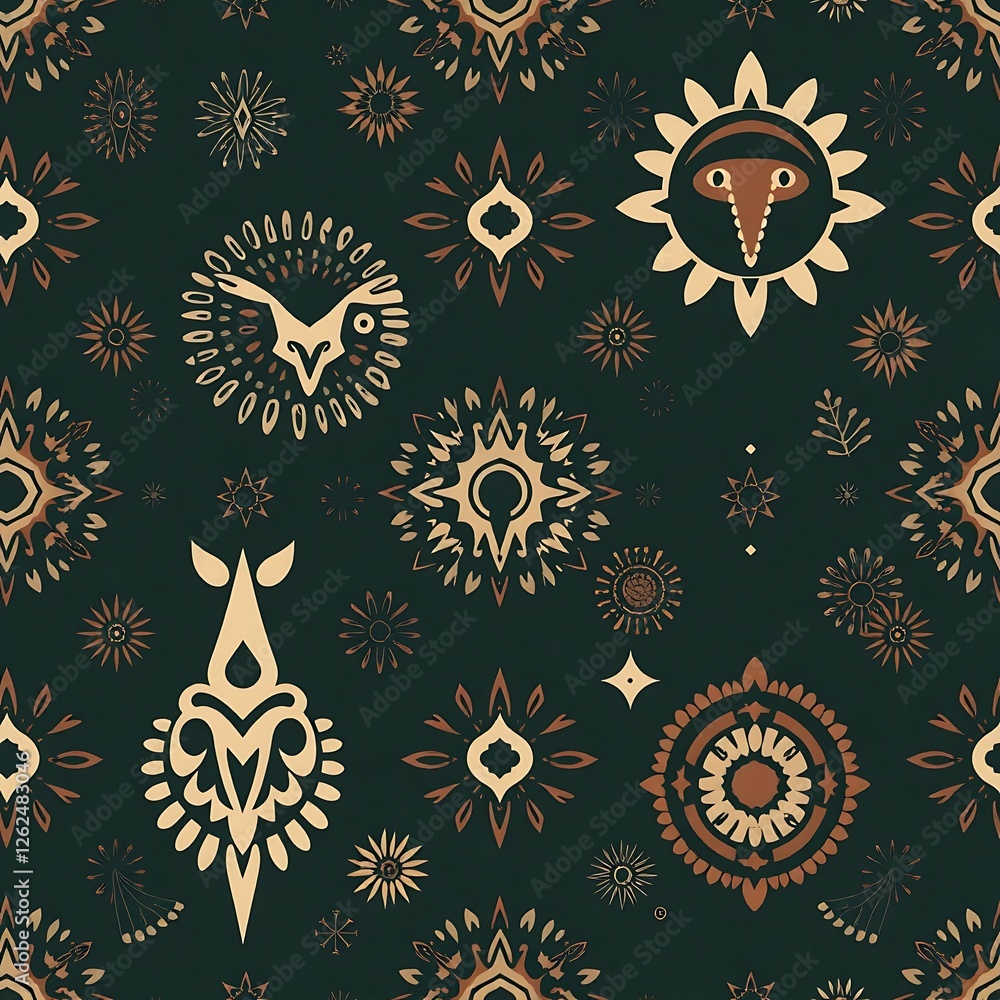 Poster celestial ornaments: a seamless pattern of stylized celestial bodies and ornate shapes, creating a r