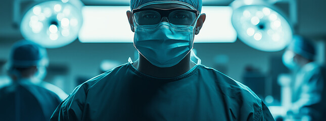 Close up of male surgeon wearing surgical mask in operating room at hospital.