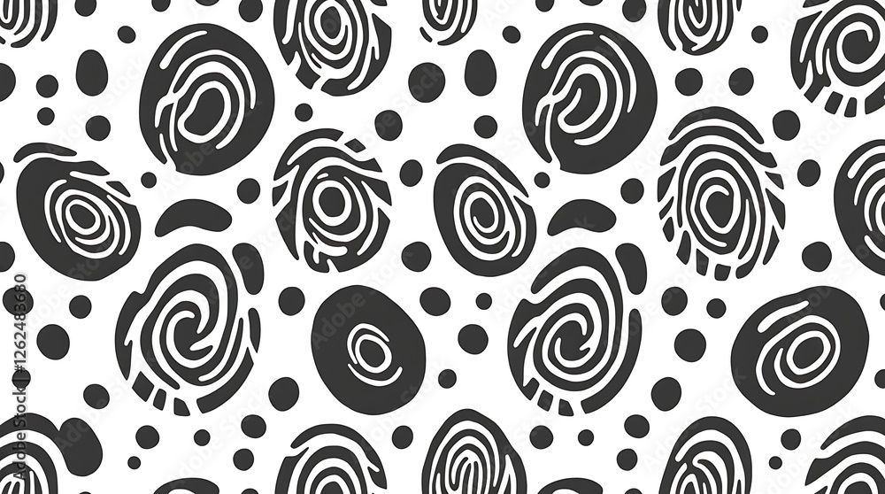 Poster abstract fingerprint pattern: a seamless pattern featuring stylized fingerprint motifs in grayscale,