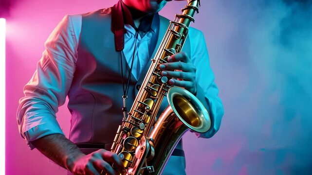 A passionate saxophonist performing on stage under vibrant pink and blue lights, showcasing their love for music and artistry with a close-up focus on the saxophone.