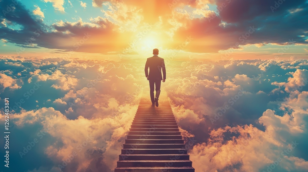 Poster a majestic view of a lone figure ascending a stairway in soft cloud formations towards a glowing hor