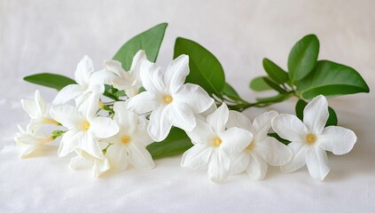 Fototapeta premium White Jasmine Flowers Bloom Beautifully on Soft Fabric, Showing Delicate Petals and Vibrant Green Leaves. Nature's Elegance.
