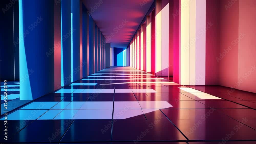 Aufkleber colorful corridor with vibrant lighting creating patterns on polished floor during evening hours