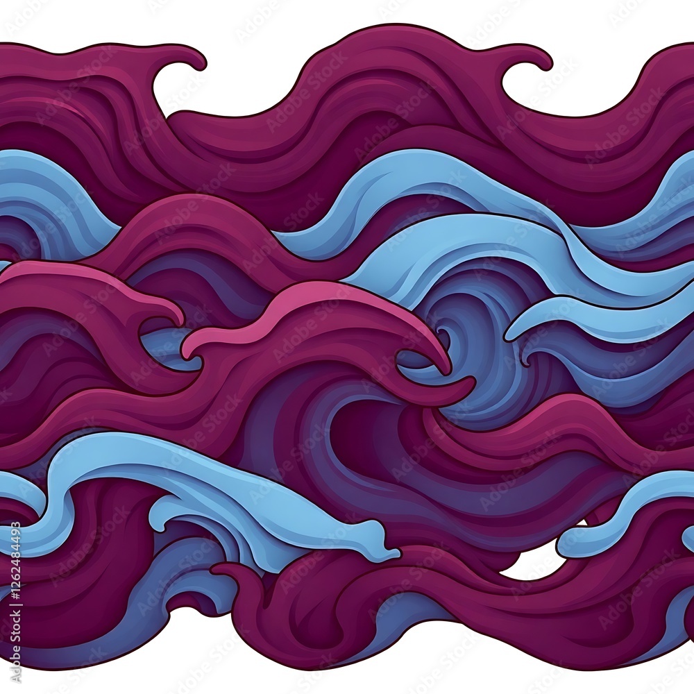 Poster abstract ocean waves: seamless pattern of stylized, flowing waves in shades of deep purple and light