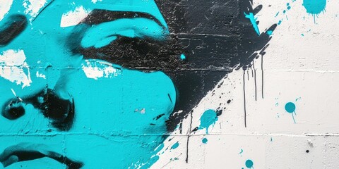 Blue and white painting of a woman's face