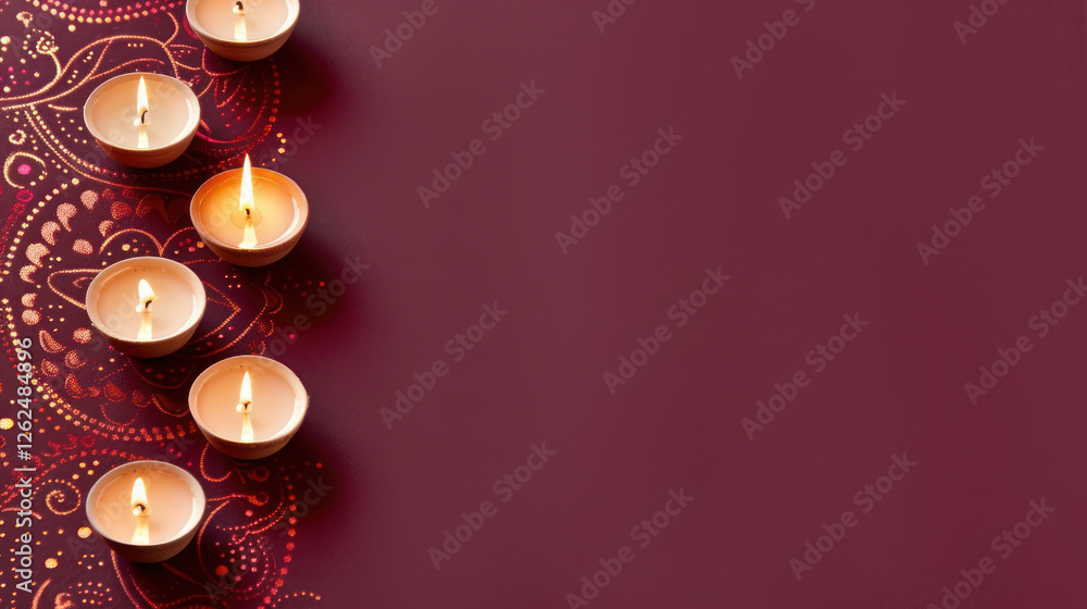 Poster display of flickering tealight candles on beautiful red background with intricate artistic patterns 