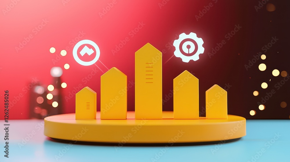 Poster colorful 3d bar graph with digital icons on platform